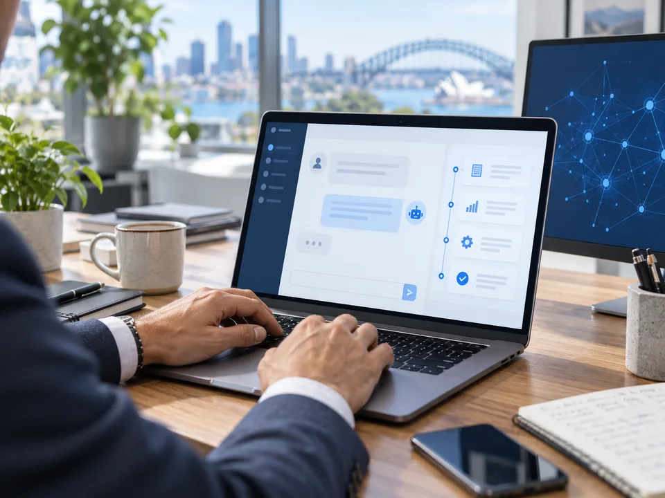 Illustrative business AI workspace with a conversation and workflow interface