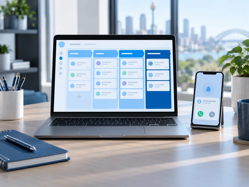 Illustrative CRM pipeline with customer cards and a mobile follow-up reminder