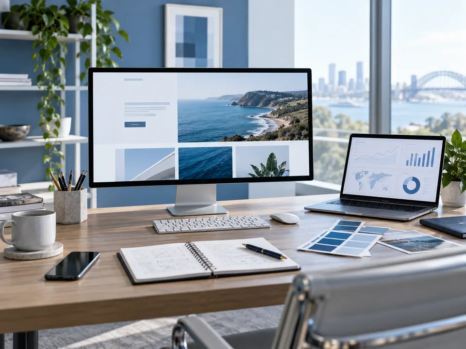 Illustrative digital agency workspace with website design and campaign analytics